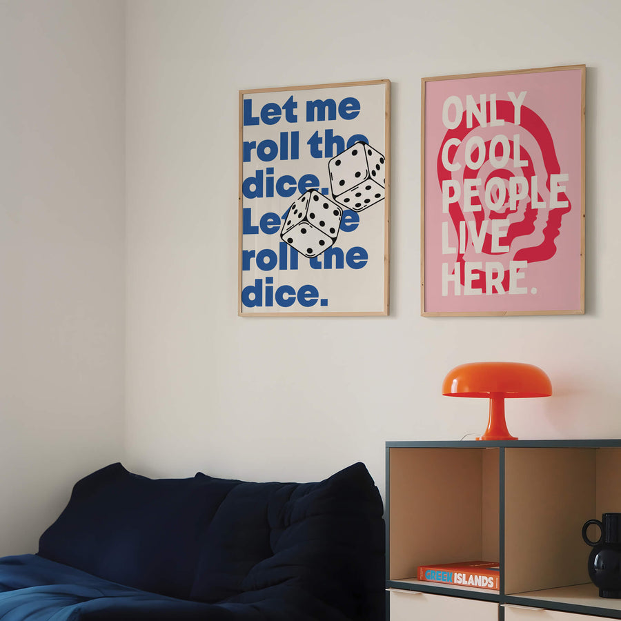 'Rolling Dice' print featuring bold typography with a dynamic dice design, perfect for funky modern home decor. Get 2PrintsFor$100 that comes with Free Shipping 🚚💫 in Australia.