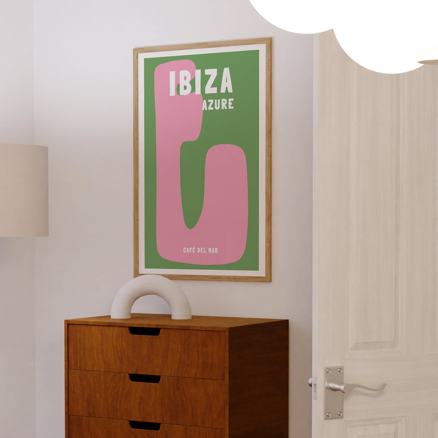 Ibiza travel print featuring Café de la Mar, a perfect addition to coastal or boho decor. Enjoy free shipping and special offers like 'Get 2 for $100' on selected prints.