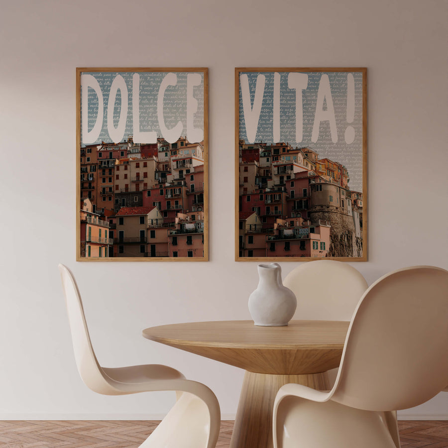 The Dolce Vita Bundle Prints capture the essence of La Dolce Vita with vibrant Cinque Terre architecture and bold typography, featuring the words 