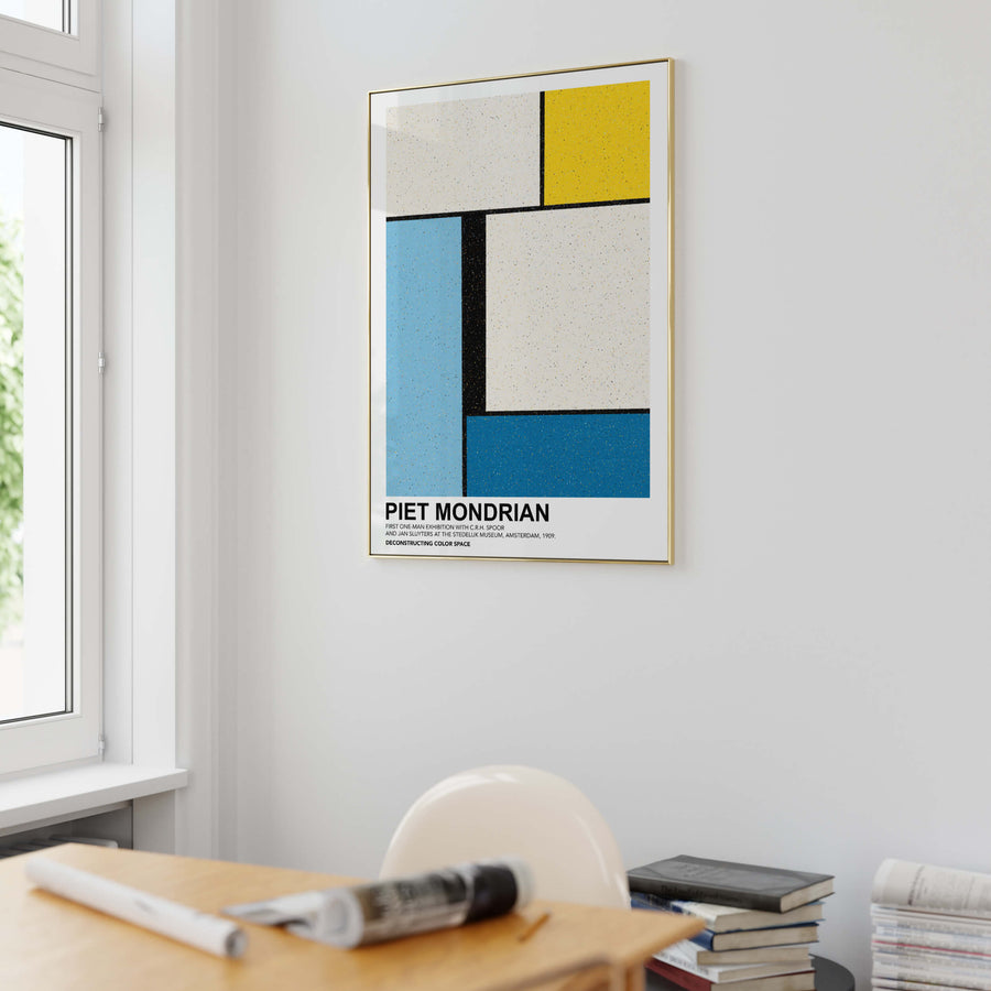 Mondrian-inspired Deconstructing Colour Space Print featuring bold geometric shapes in primary colors (red, blue, yellow) with black grid lines on a white background. A modern minimalist abstract wall art piece. Get 2PrintsFor$100 that comes with Free Shipping 🚚💫 in Australia.