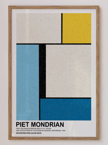 Mondrian-inspired Deconstructing Colour Space Print featuring bold geometric shapes in primary colors (red, blue, yellow) with black grid lines on a white background. A modern minimalist abstract wall art piece. Get 2PrintsFor$100 that comes with Free Shipping 🚚💫 in Australia.