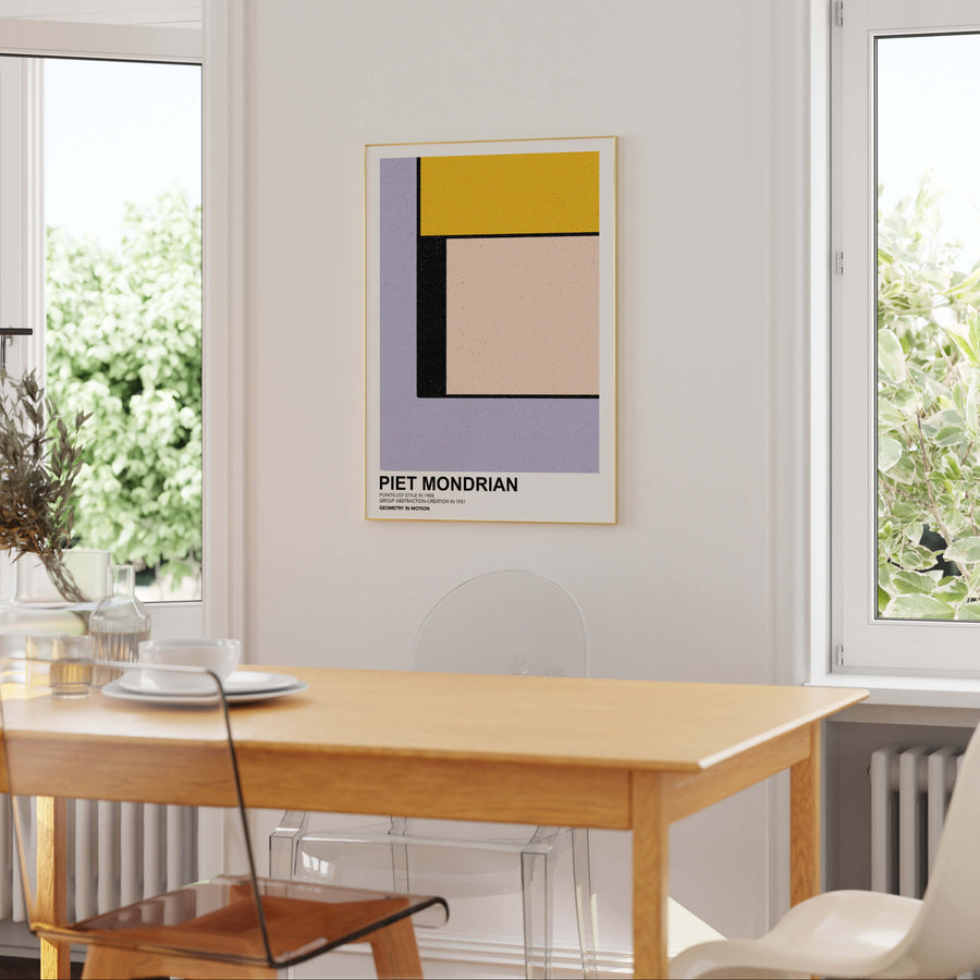 Mondrian-inspired Geometry in Motion Print featuring dynamic geometric shapes in primary colors (red, blue, yellow) with bold black grid lines on a white background. A modern minimalist abstract wall art piece. Get 2PrintsFor$100 that comes with Free Shipping 🚚💫 in Australia.