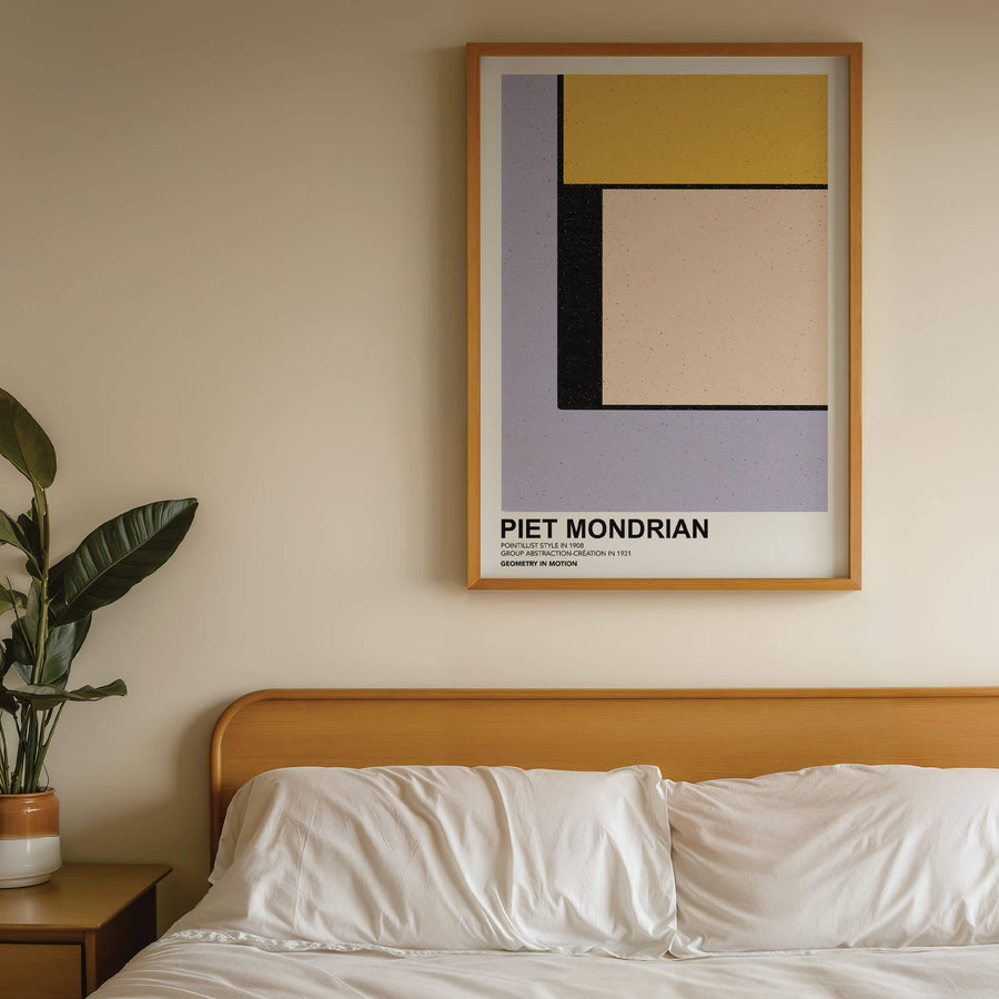 Mondrian-inspired Geometry in Motion Print featuring dynamic geometric shapes in primary colors (red, blue, yellow) with bold black grid lines on a white background. A modern minimalist abstract wall art piece. Get 2PrintsFor$100 that comes with Free Shipping 🚚💫 in Australia.