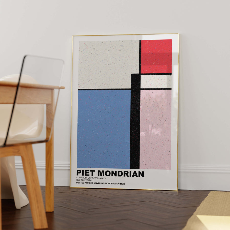 Mondrian-inspired Neoplasticism Print featuring bold geometric shapes in primary colors (red, blue, yellow) with black grid lines on a white background. A modern minimalist abstract wall art piece. Get 2PrintsFor$100 that comes with Free Shipping 🚚💫 in Australia.