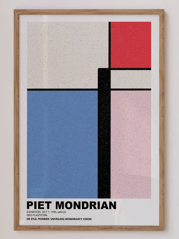 Mondrian-inspired Neoplasticism Print featuring bold geometric shapes in primary colors (red, blue, yellow) with black grid lines on a white background. A modern minimalist abstract wall art piece. Get 2PrintsFor$100 that comes with Free Shipping 🚚💫 in Australia.