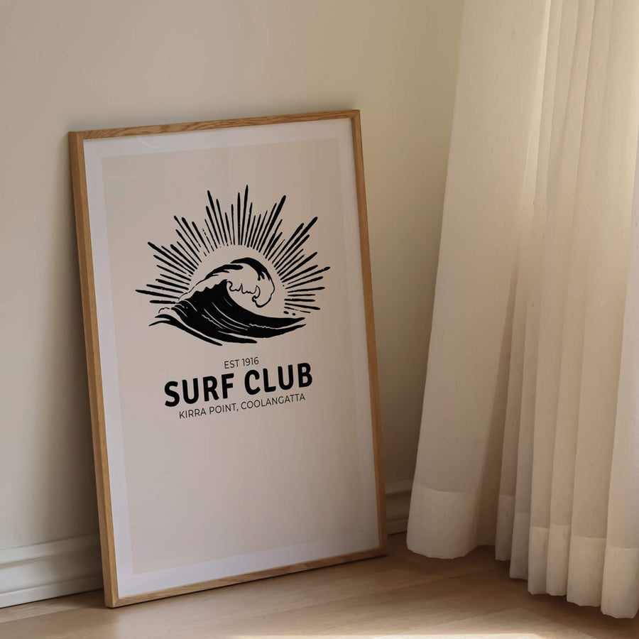 'Surf Club' print featuring a retro surf-inspired design with beachy vibes, perfect for funky modern Australian home decor. Get 2PrintsFor$100 that comes with Free Shipping 🚚💫 in Australia.