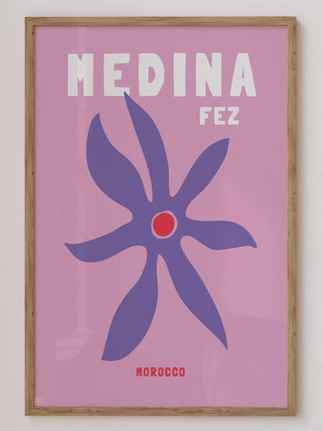 Medina Fez travel print in a sophisticated retro style, showcasing Moroccan charm with warm tones. Perfect wall art for exotic and bohemian decor themes.