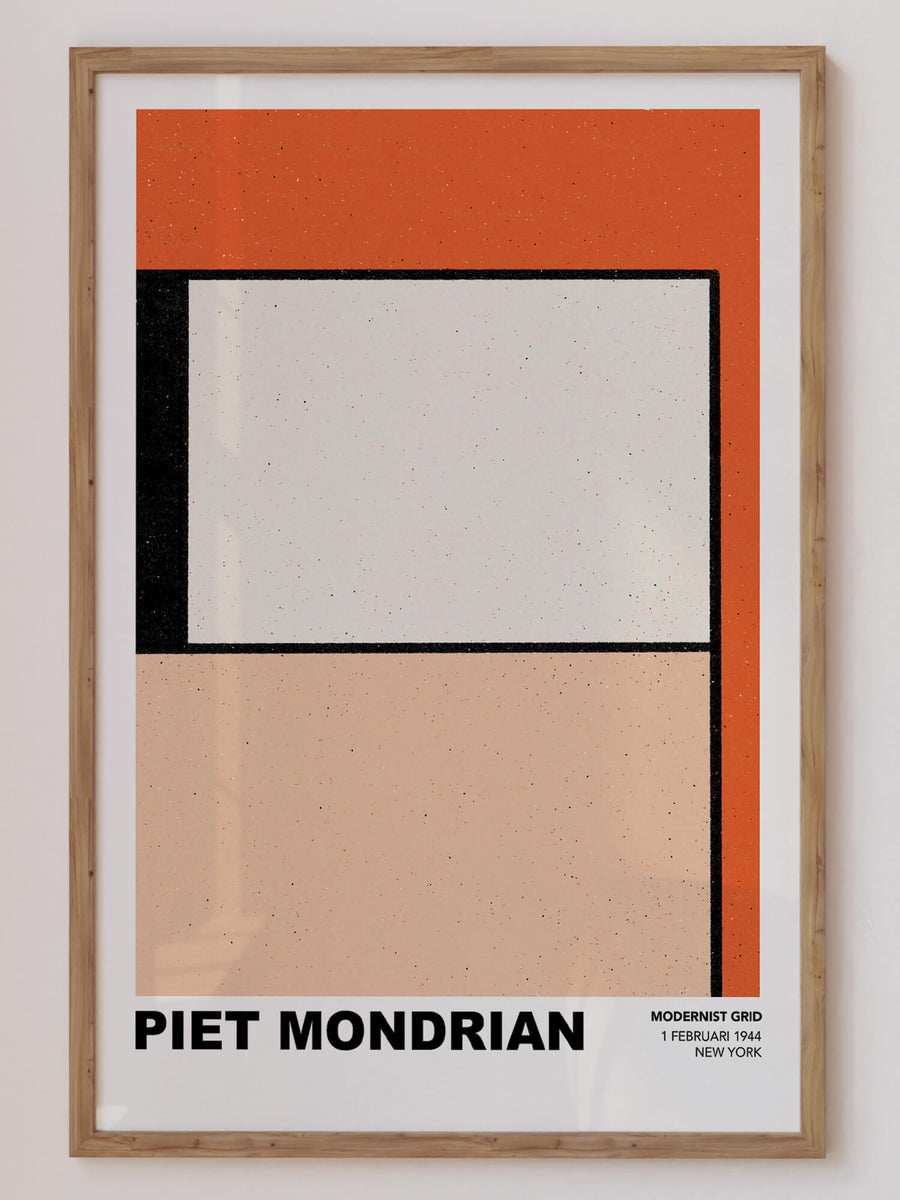 Mondrian-inspired Modernist Grid Print featuring bold black grid lines with geometric shapes in red, blue, and yellow on a white background. A modern, minimalist abstract wall art piece. Get 2PrintsFor$100 that comes with Free Shipping 🚚💫 in Australia.