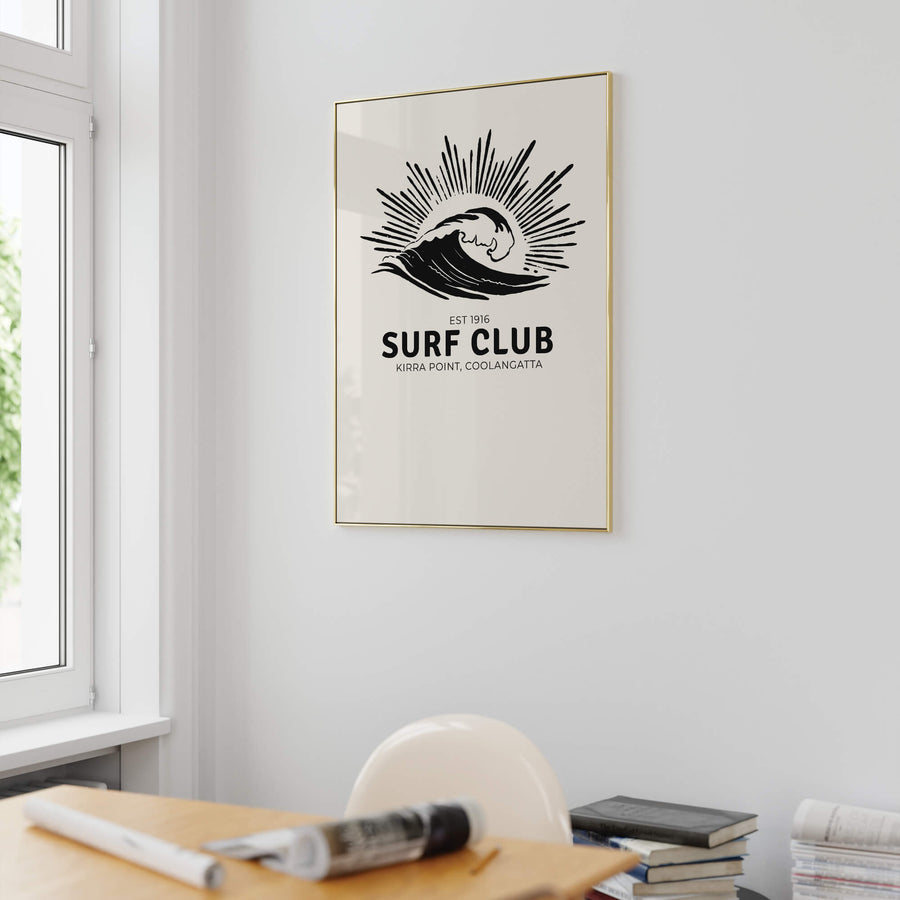 'Surf Club' print featuring a retro surf-inspired design with beachy vibes, perfect for funky modern Australian home decor. Get 2PrintsFor$100 that comes with Free Shipping 🚚💫 in Australia.