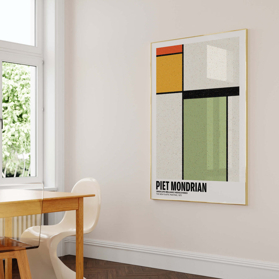 Mondrian-inspired Gridscape Print featuring bold geometric shapes with primary colors (red, blue, yellow) and black grid lines on a white background. A modern and minimalist abstract wall art piece. Get 2PrintsFor$100 that comes with Free Shipping 🚚💫 in Australia.