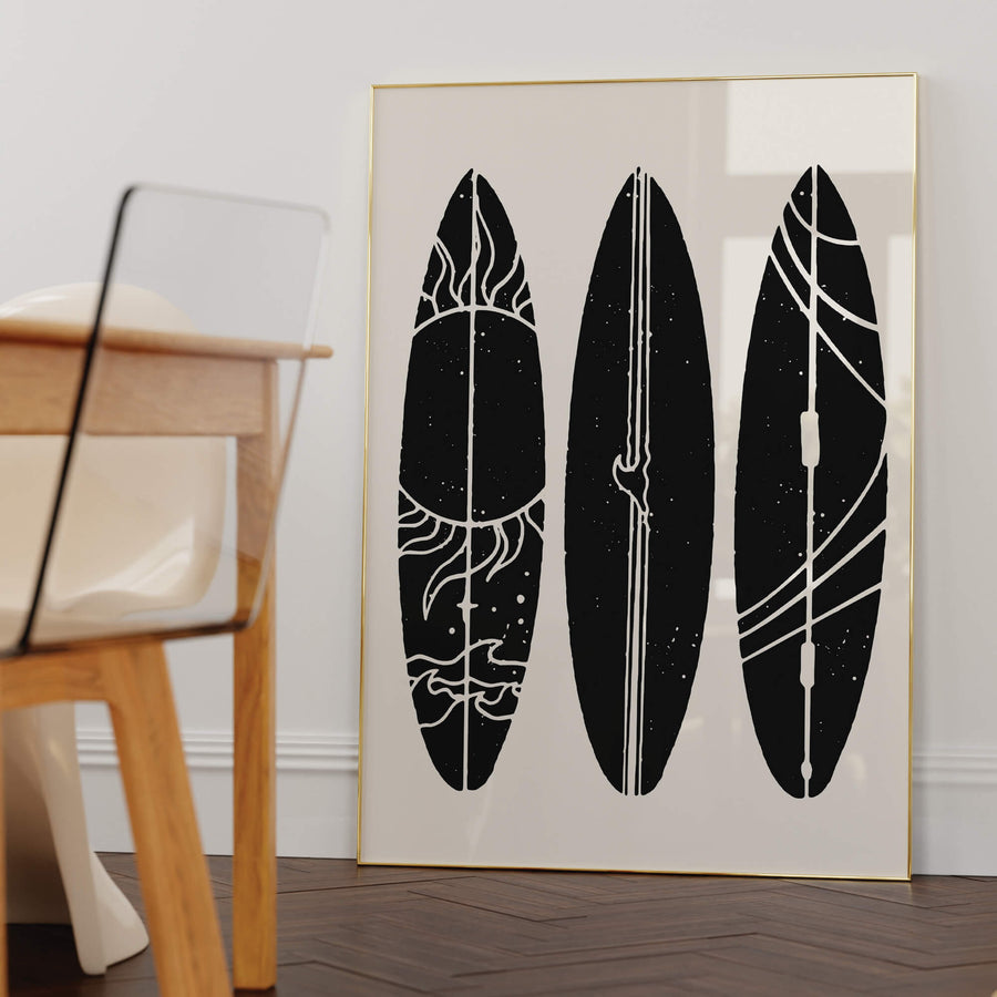 'Surfboards' print featuring a vibrant, beachy aesthetic with retro surf culture vibes, perfect for funky modern home decor. Get 2PrintsFor$100 that comes with Free Shipping 🚚💫 in Australia.