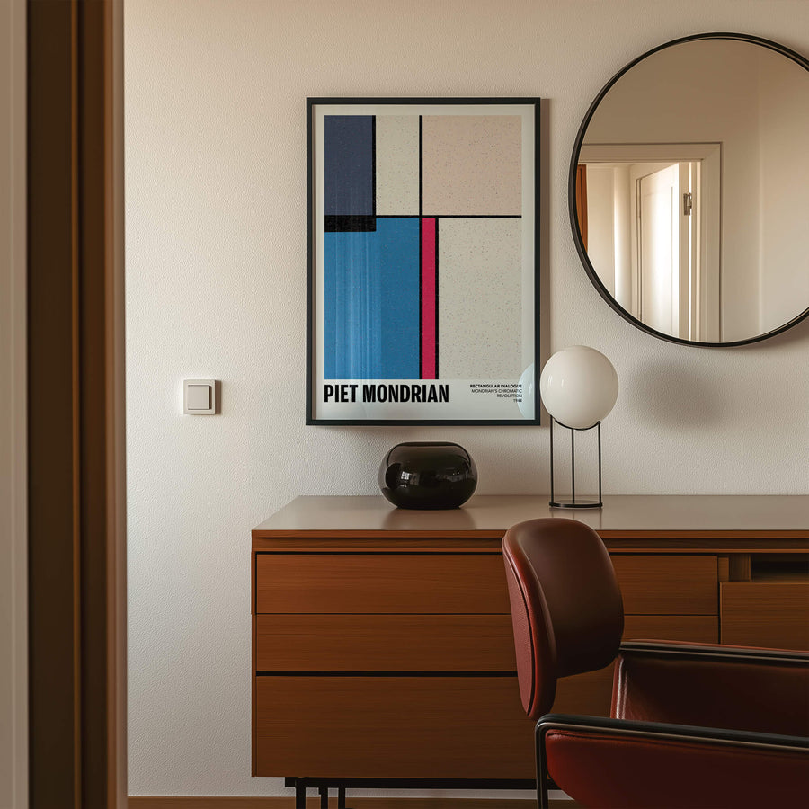 Mondrian-inspired Rectangular Dialogue Print featuring bold geometric shapes with primary colors (red, blue, yellow) and black lines on a white background. A modern abstract wall art piece. Get 2PrintsFor$100 that comes with Free Shipping 🚚💫 in Australia.