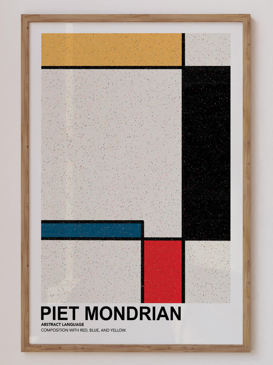 Mondrian-inspired Abstract Language Print featuring bold geometric shapes with primary colors (red, blue, yellow) and black grid lines on a white background. A modern, minimalist abstract wall art piece. Get 2PrintsFor$100 that comes with Free Shipping 🚚💫 in Australia.