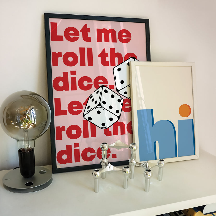 'Rolling Dice' print featuring bold typography with a dynamic dice design, perfect for funky modern home decor. Get 2PrintsFor$100 that comes with Free Shipping 🚚💫 in Australia.