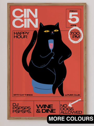 Funky and stylish Cin Cin Cat Edition wall art print featuring a playful cat design and modern typography. Perfect for quirky and trendy home decor. Available in various sizes with Free Shipping Australia-wide.