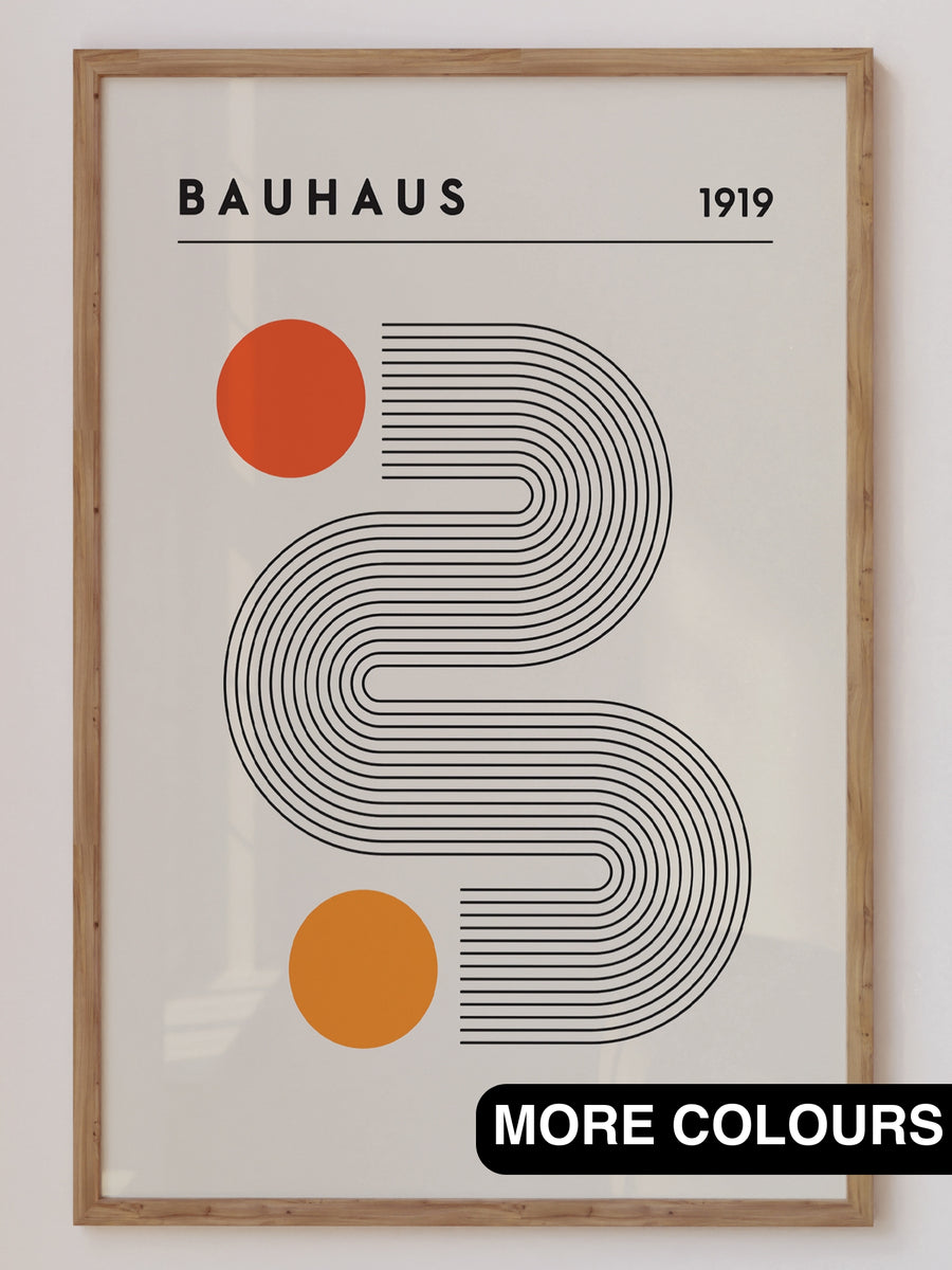 Modern Bauhaus-inspired abstract art print featuring bold geometric shapes, vibrant colors, and dynamic lines. Perfect for contemporary home decor, adding a touch of minimalist style and geometric sophistication to any space.