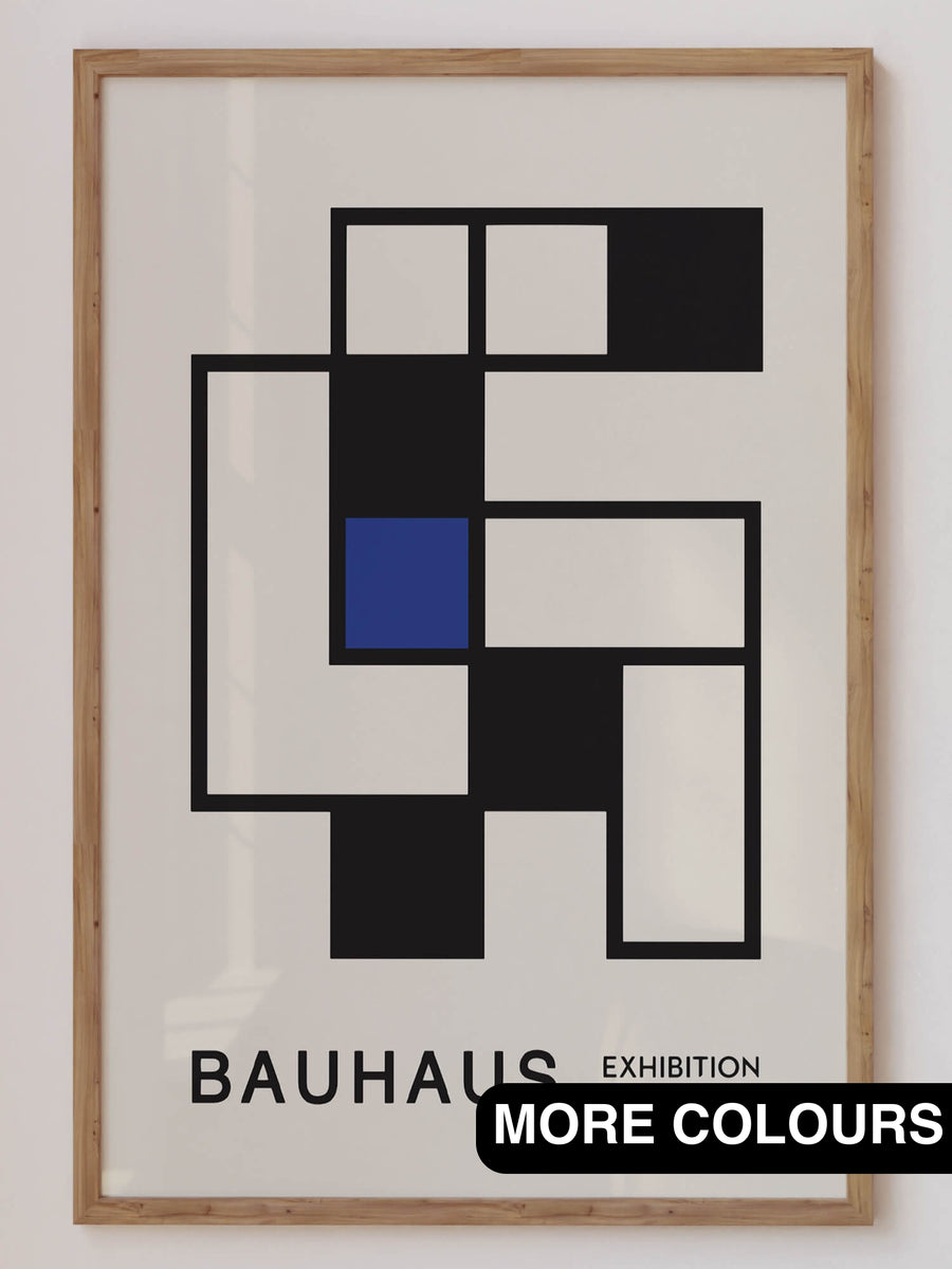 Geometric Bauhaus-inspired art print featuring a dynamic matrix of shapes, bold lines, and vibrant colors. Perfect for contemporary home decor, adding a minimalist yet striking visual element to modern interiors.