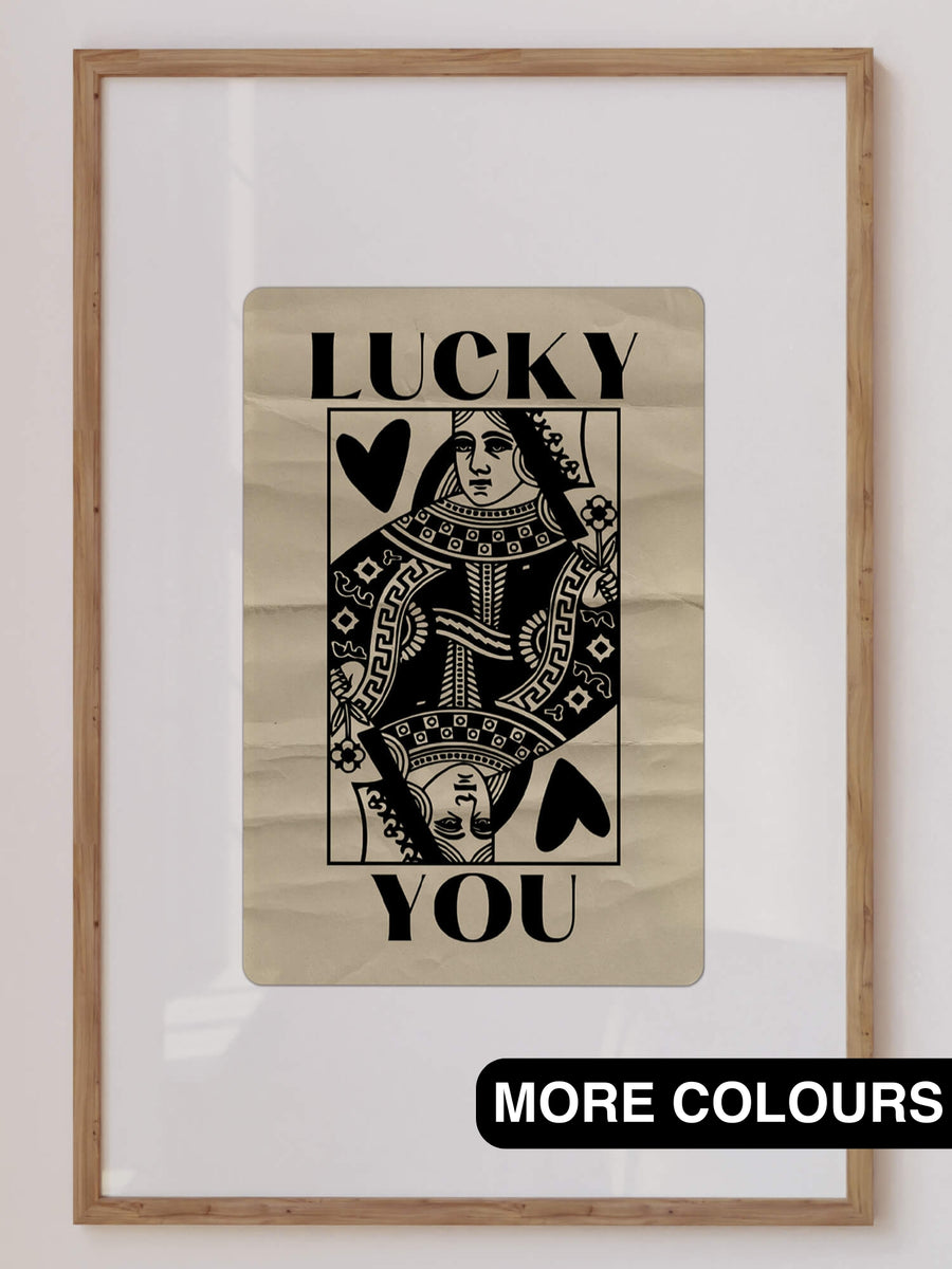 'Lucky You' print featuring a bold Queen of Hearts-inspired design with vintage playing card aesthetics, perfect for funky modern home decor. Get 2PrintsFor$100 that comes with Free Shipping 🚚💫 in Australia.