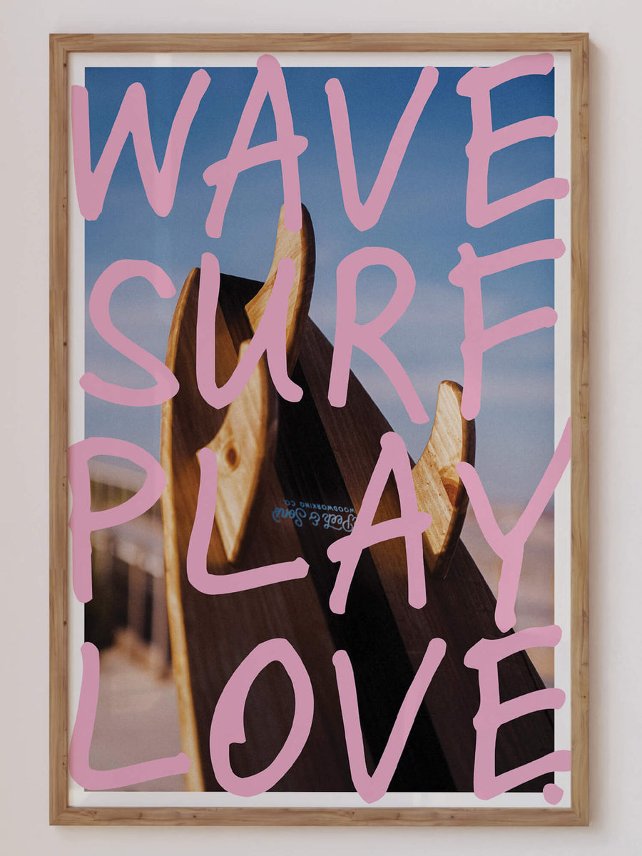 A stylish surf-inspired wall art print featuring bold pink typography over a wooden surfboard with a beach backdrop. Perfect for coastal, surf, and summer decor. Get 2PrintsFor$100 that comes with Free Shipping 🚚💫 in Australia.