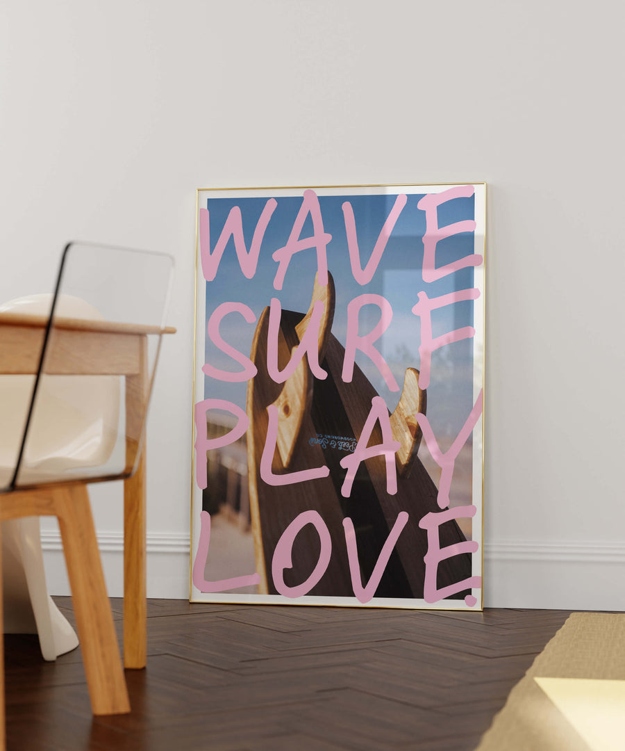 A stylish surf-inspired wall art print featuring bold pink typography over a wooden surfboard with a beach backdrop. Perfect for coastal, surf, and summer decor. Get 2PrintsFor$100 that comes with Free Shipping 🚚💫 in Australia.