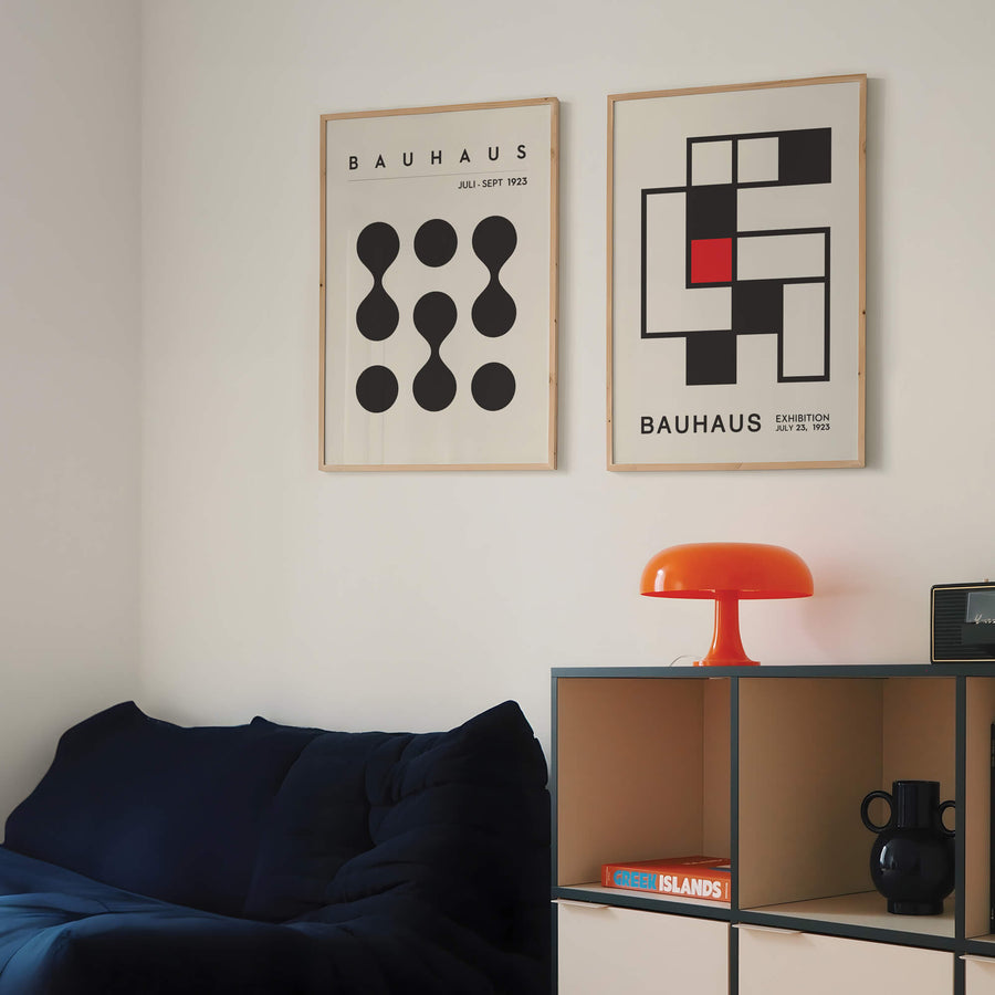 Geometric Bauhaus-inspired art print featuring a dynamic matrix of shapes, bold lines, and vibrant colors. Perfect for contemporary home decor, adding a minimalist yet striking visual element to modern interiors.