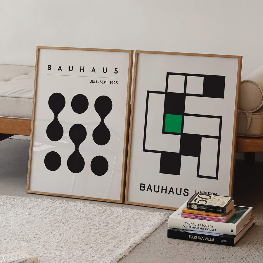 Geometric Bauhaus-inspired art print featuring a dynamic matrix of shapes, bold lines, and vibrant colors. Perfect for contemporary home decor, adding a minimalist yet striking visual element to modern interiors.