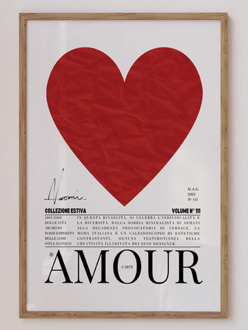 AMOUR L’ARTE minimalist red heart print, modern fashion wall art with a bold heart design, perfect for chic home decor and a Parisian-inspired aesthetic