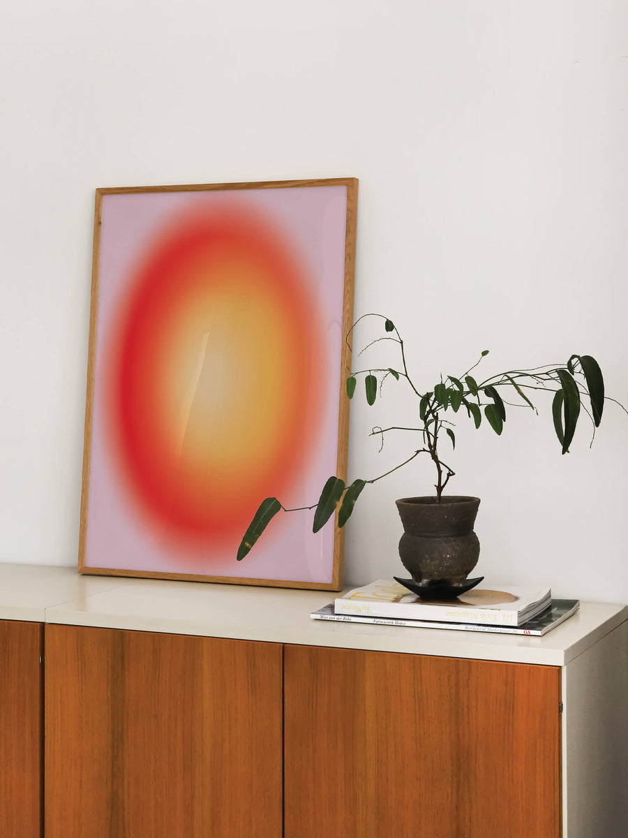 Minimalist Sun Aura Gradient Print featuring a warm, soft gradient in golden and peachy hues, creating a calming and modern aesthetic. Perfect for contemporary and boho-inspired home decor. Get 2PrintsFor$100 that comes with Free Shipping 🚚💫 in Australia.