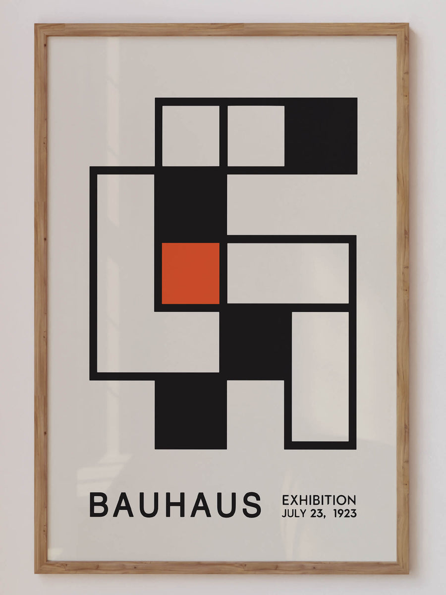 Geometric Bauhaus-inspired art print featuring a dynamic matrix of shapes, bold lines, and vibrant colors. Perfect for contemporary home decor, adding a minimalist yet striking visual element to modern interiors.