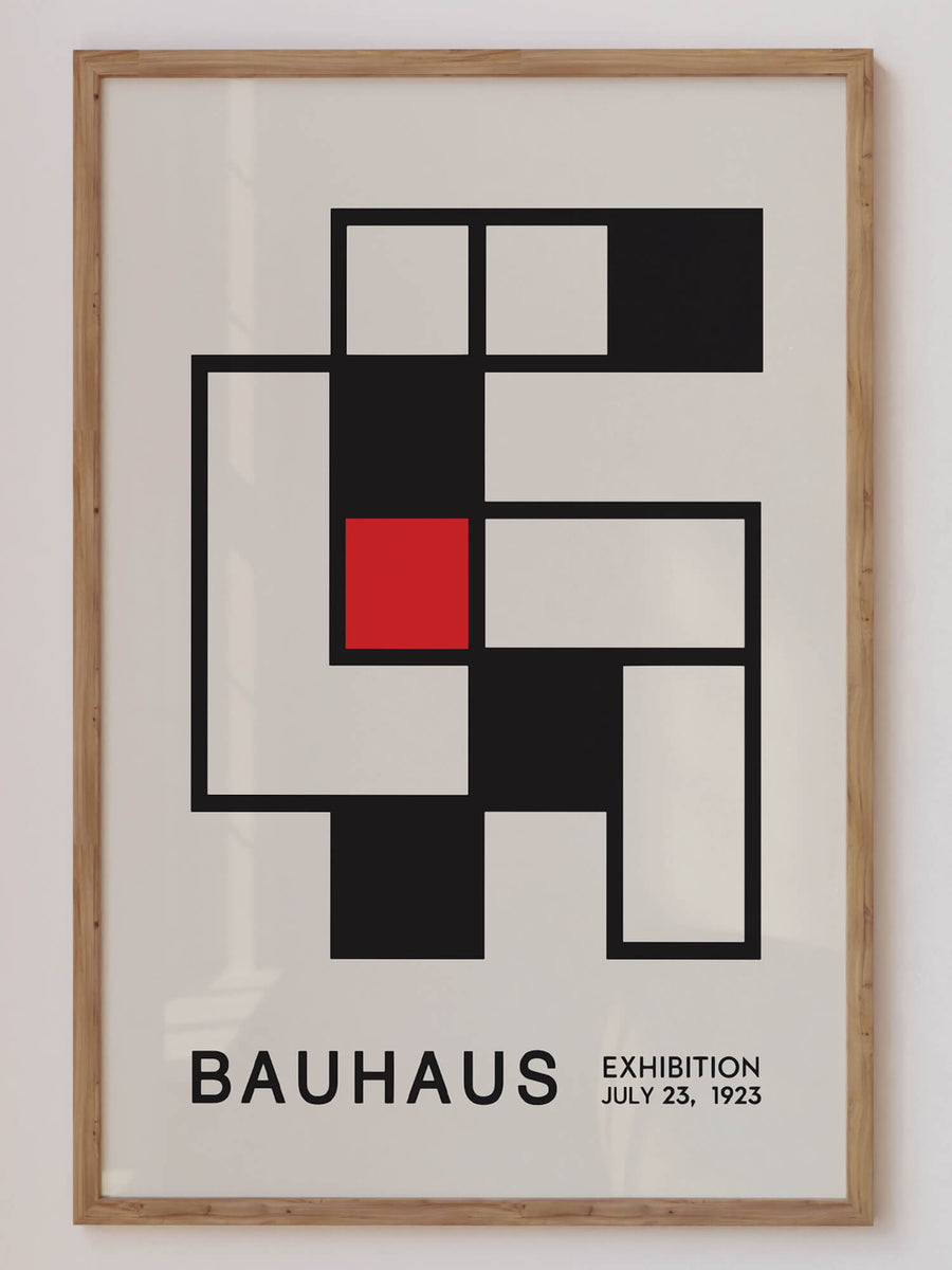 Geometric Bauhaus-inspired art print featuring a dynamic matrix of shapes, bold lines, and vibrant colors. Perfect for contemporary home decor, adding a minimalist yet striking visual element to modern interiors.