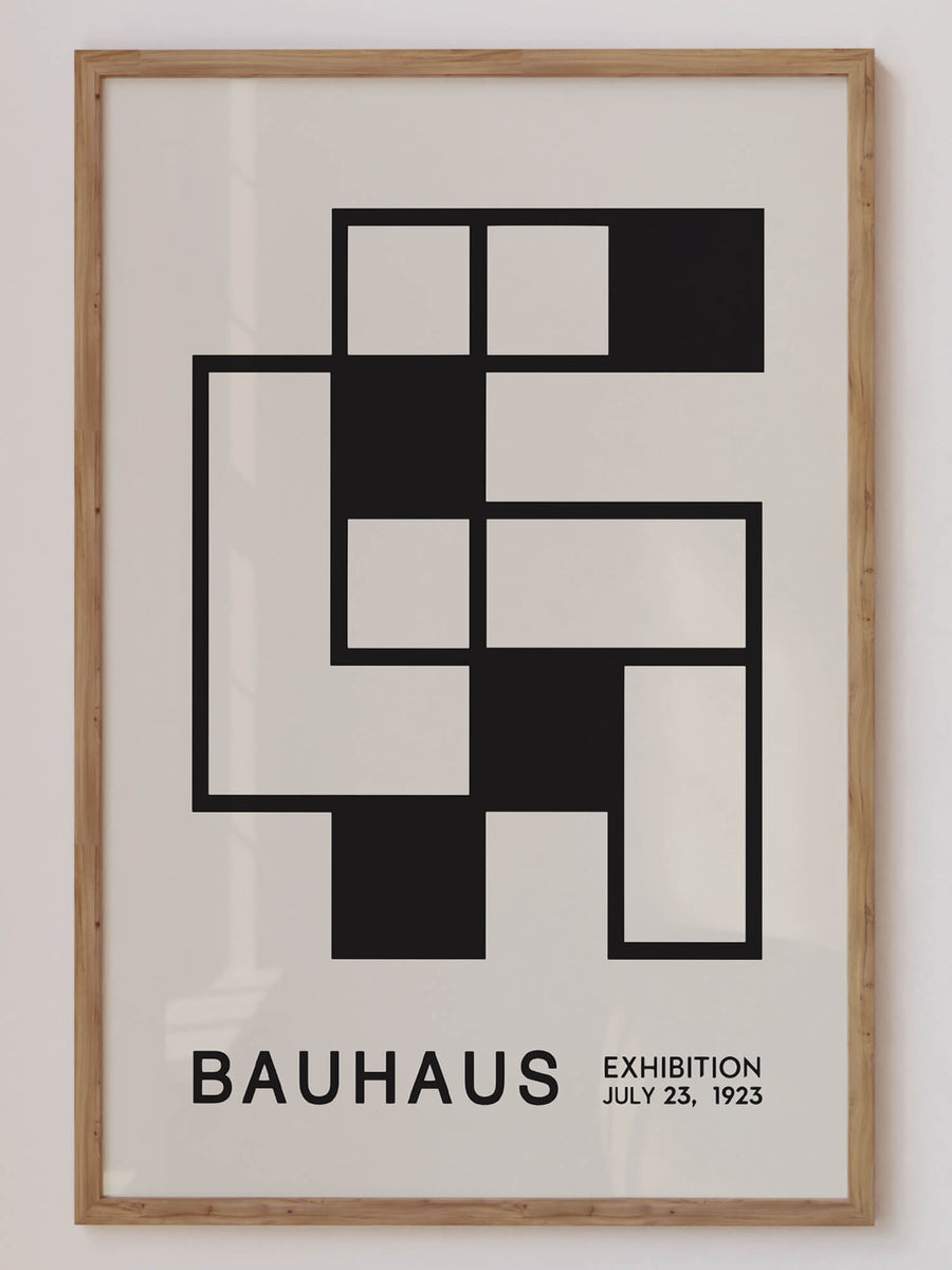 Geometric Bauhaus-inspired art print featuring a dynamic matrix of shapes, bold lines, and vibrant colors. Perfect for contemporary home decor, adding a minimalist yet striking visual element to modern interiors.