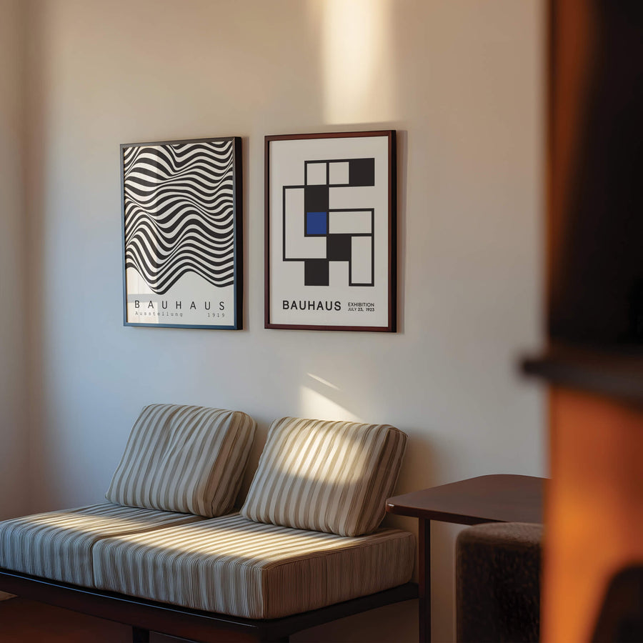 Geometric Bauhaus-inspired art print featuring a dynamic matrix of shapes, bold lines, and vibrant colors. Perfect for contemporary home decor, adding a minimalist yet striking visual element to modern interiors.