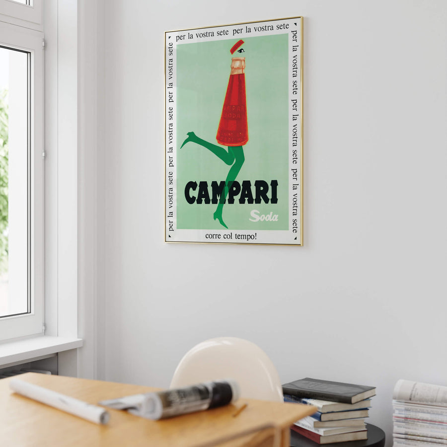 Campari Soda Art Nouveau print featuring vibrant vintage-style advertising art with bold red and yellow tones. Perfect for retro and stylish home decor in Australia.