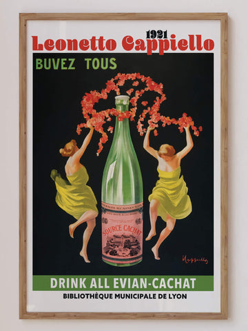 Evian Cachat print by Leonetto Cappiello in Art Nouveau style, featuring bold typography, vibrant green tones, and vintage advertising charm. Perfect for retro decor lovers.