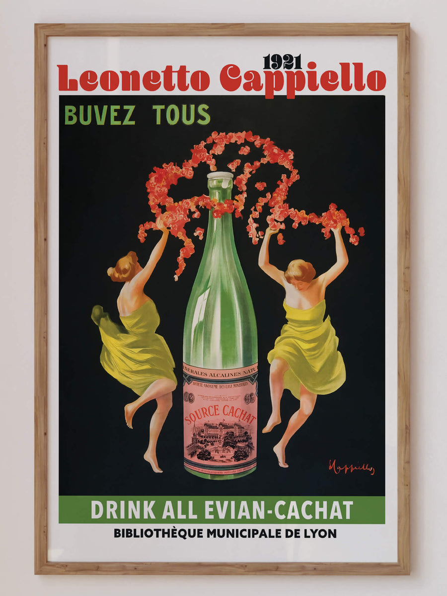 Evian Cachat print by Leonetto Cappiello in Art Nouveau style, featuring bold typography, vibrant green tones, and vintage advertising charm. Perfect for retro decor lovers.