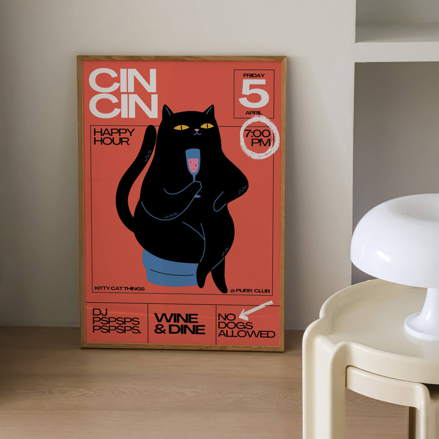 Funky and stylish Cin Cin Cat Edition wall art print featuring a playful cat design and modern typography. Perfect for quirky and trendy home decor. Available in various sizes with Free Shipping Australia-wide.