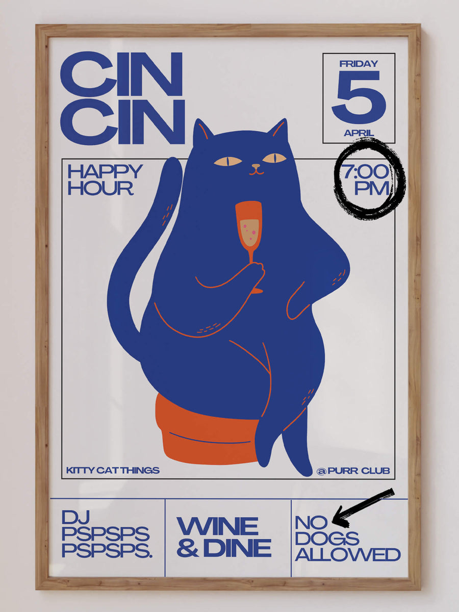 Funky and stylish Cin Cin Cat Edition wall art print featuring a playful cat design and modern typography. Perfect for quirky and trendy home decor. Available in various sizes with Free Shipping Australia-wide.