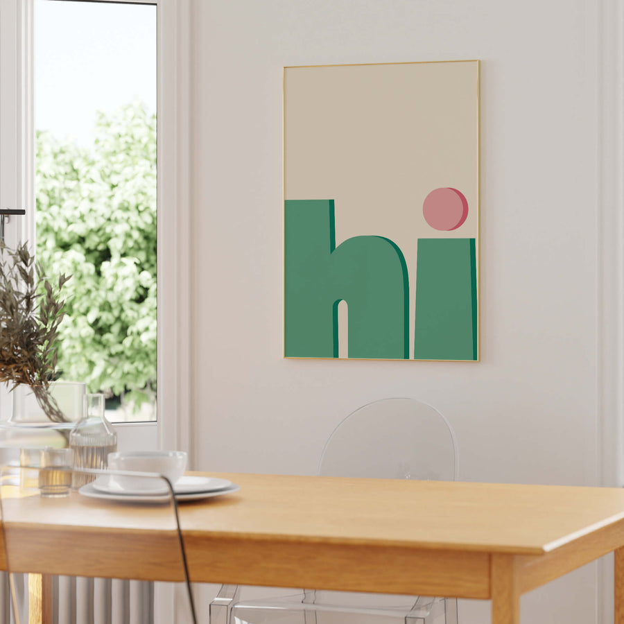 'Hi' print featuring bold, minimalist typography for a trendy and modern touch, perfect for funky home decor. Get 2PrintsFor$100 that comes with Free Shipping 🚚💫 in Australia.