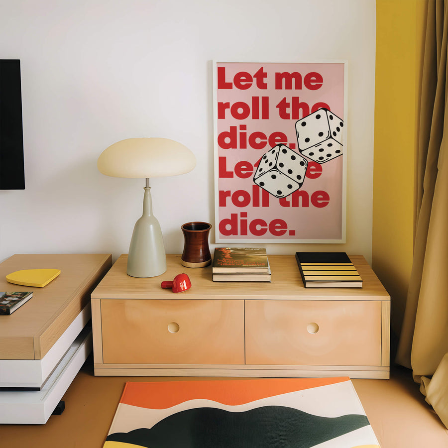 'Rolling Dice' print featuring bold typography with a dynamic dice design, perfect for funky modern home decor. Get 2PrintsFor$100 that comes with Free Shipping 🚚💫 in Australia.