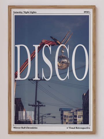 A modern wall art print featuring a suspended disco ball against an urban skyline, designed with a vintage magazine aesthetic. Perfect for 1970s-inspired decor. Get 2PrintsFor$100 that comes with Free Shipping 🚚💫 in Australia.