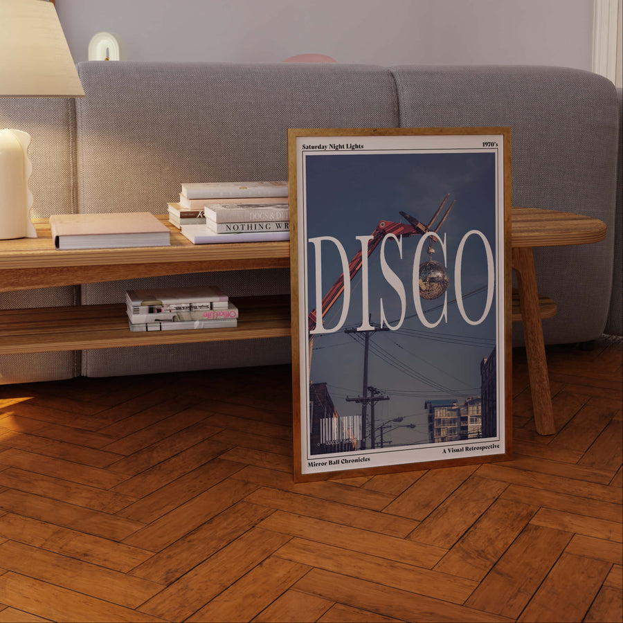 A modern wall art print featuring a suspended disco ball against an urban skyline, designed with a vintage magazine aesthetic. Perfect for 1970s-inspired decor. Get 2PrintsFor$100 that comes with Free Shipping 🚚💫 in Australia.