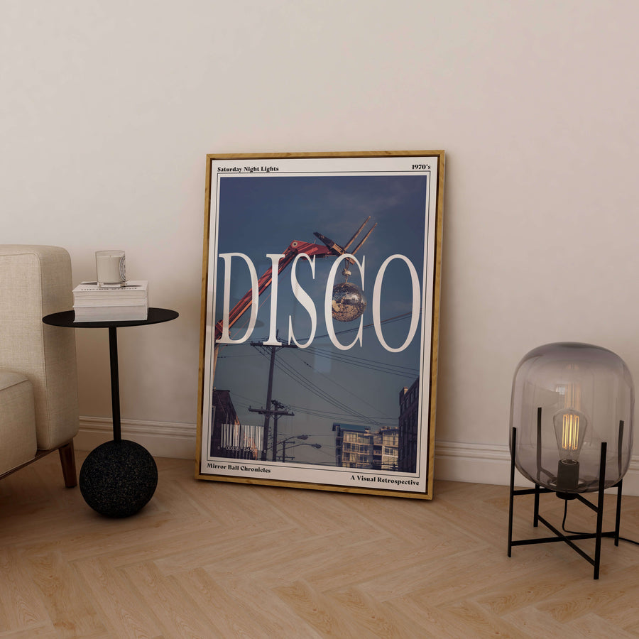 A modern wall art print featuring a suspended disco ball against an urban skyline, designed with a vintage magazine aesthetic. Perfect for 1970s-inspired decor. Get 2PrintsFor$100 that comes with Free Shipping 🚚💫 in Australia.