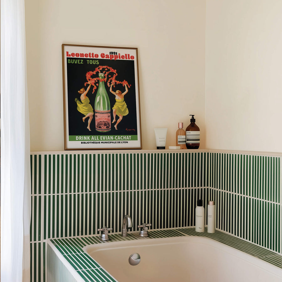 Evian Cachat print by Leonetto Cappiello in Art Nouveau style, featuring bold typography, vibrant green tones, and vintage advertising charm. Perfect for retro decor lovers.