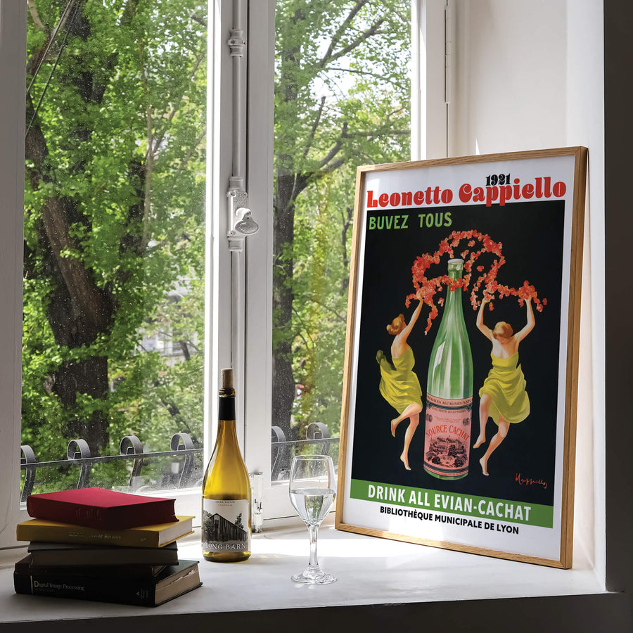 Evian Cachat print by Leonetto Cappiello in Art Nouveau style, featuring bold typography, vibrant green tones, and vintage advertising charm. Perfect for retro decor lovers.