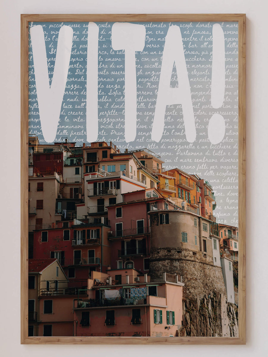 The Dolce Vita Bundle Prints capture the essence of La Dolce Vita with vibrant Cinque Terre architecture and bold typography, featuring the words 