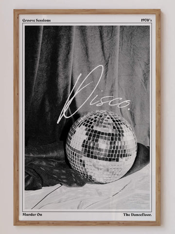 Black and white vintage disco ball print featuring a high-contrast retro aesthetic with the word 