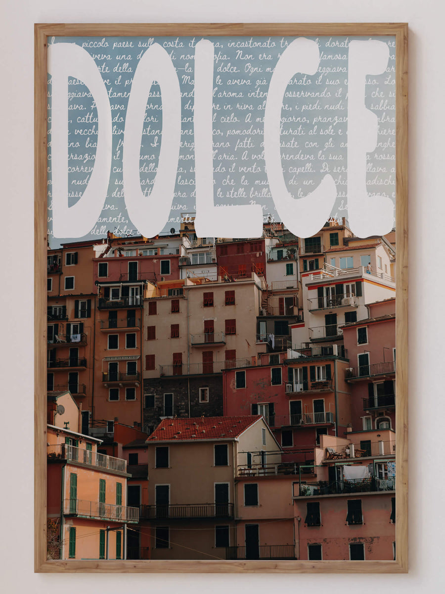 The Dolce Vita Bundle Prints capture the essence of La Dolce Vita with vibrant Cinque Terre architecture and bold typography, featuring the words 