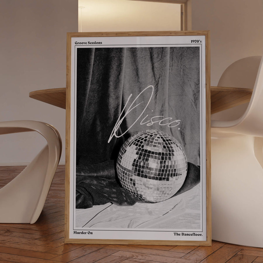 Black and white vintage disco ball print featuring a high-contrast retro aesthetic with the word 