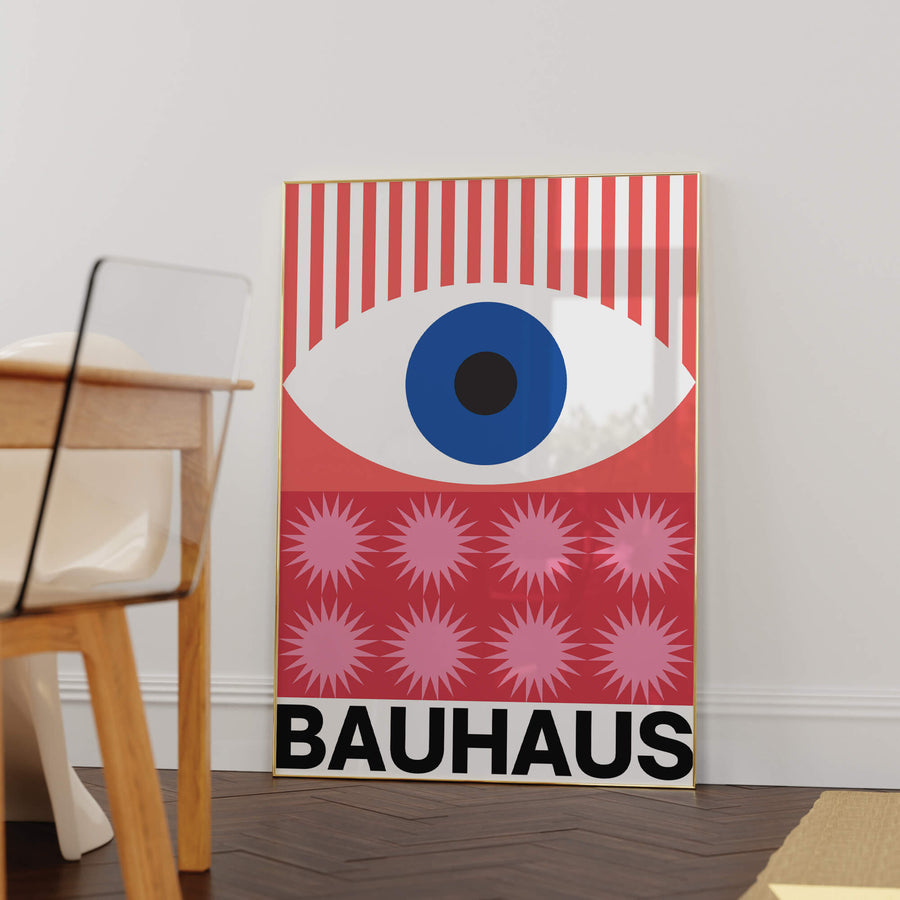 Abstract Bauhaus eye print featuring modern geometric shapes in pink, black, and beige tones. Minimalist wall art perfect for contemporary and Scandinavian-inspired interiors.