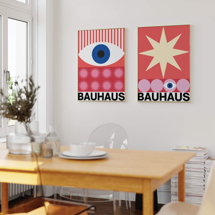 Abstract Bauhaus eye print featuring modern geometric shapes in pink, black, and beige tones. Minimalist wall art perfect for contemporary and Scandinavian-inspired interiors.